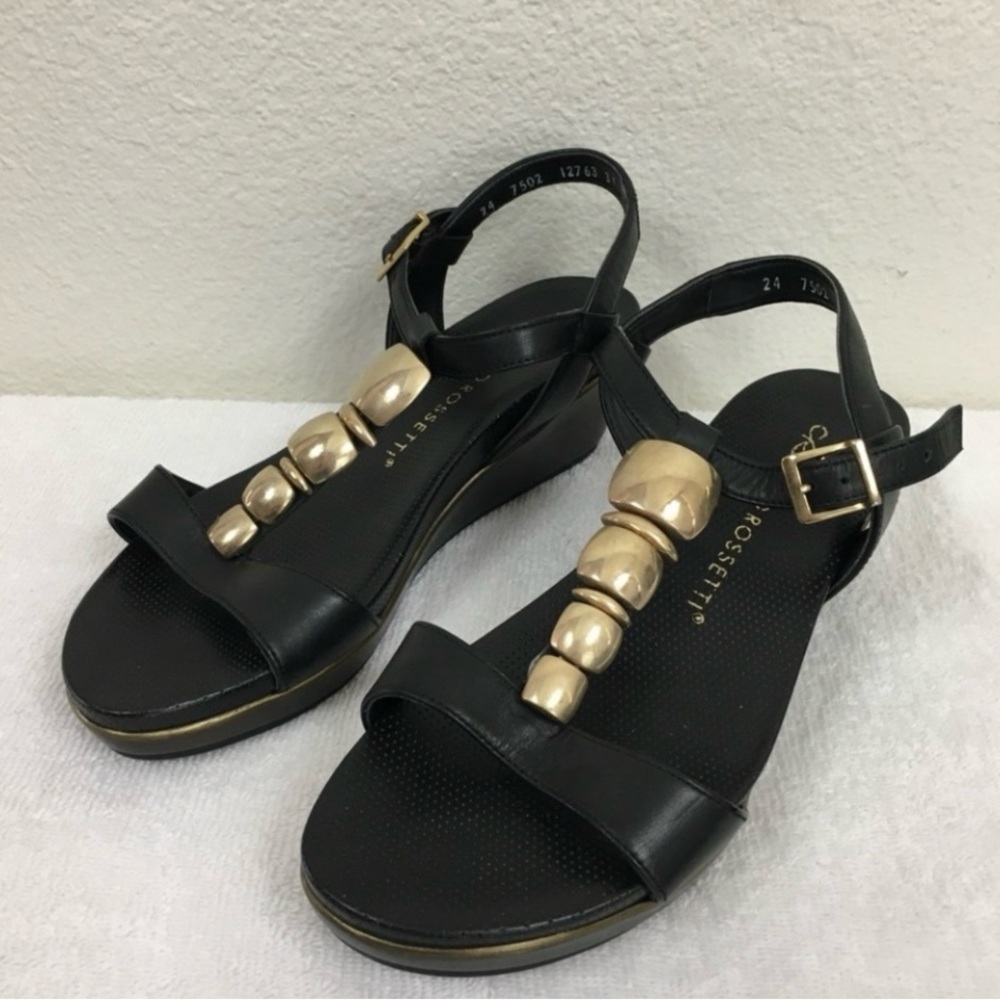 Carlo Rossetti Black Leather Gold T Strap Wedge Sandal Shoe Size 7 Classic Retro